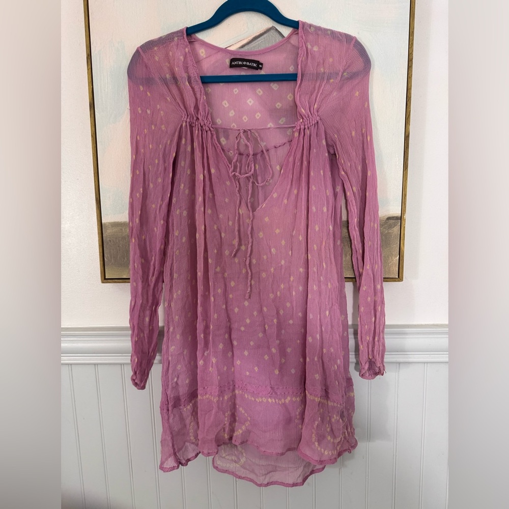 ANTIK BATIK 100% Silk Mulberry Pink Sheer Mini Dress Size M - Picture 4 of 9